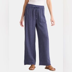 Linen blend navy and white striped wide leg pants elastic waist Sz 14
